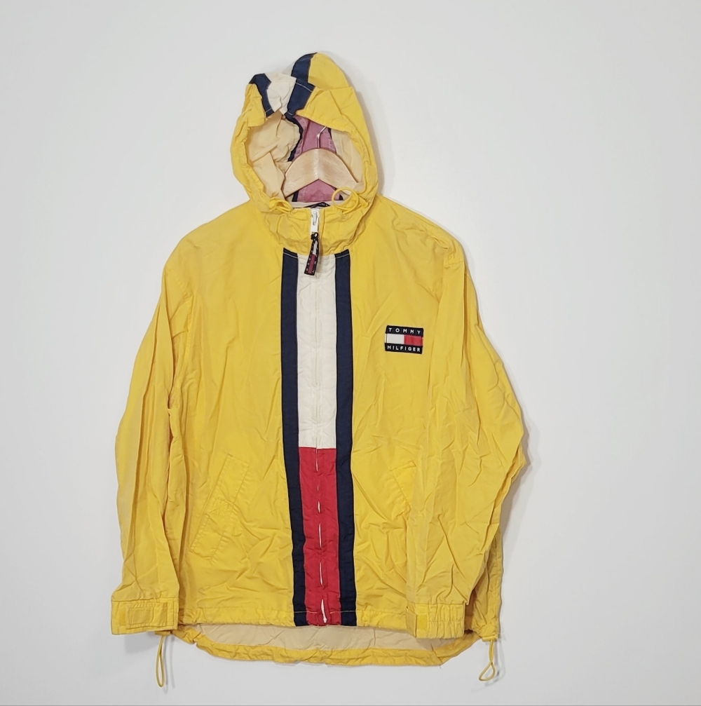 Vintage Yellow Tommy Hilfiger Windbreak Trench Coat Pockets Drawstring Waist L